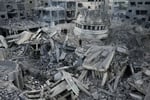 Devastated Gaza cityscape with rubble and smoke, 2025