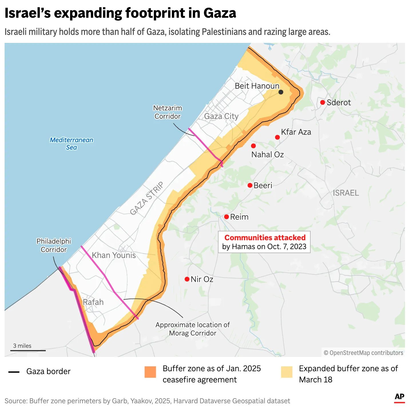 Map of Gaza Strip highlighting Israeli control zones and ceasefire lines in 2025