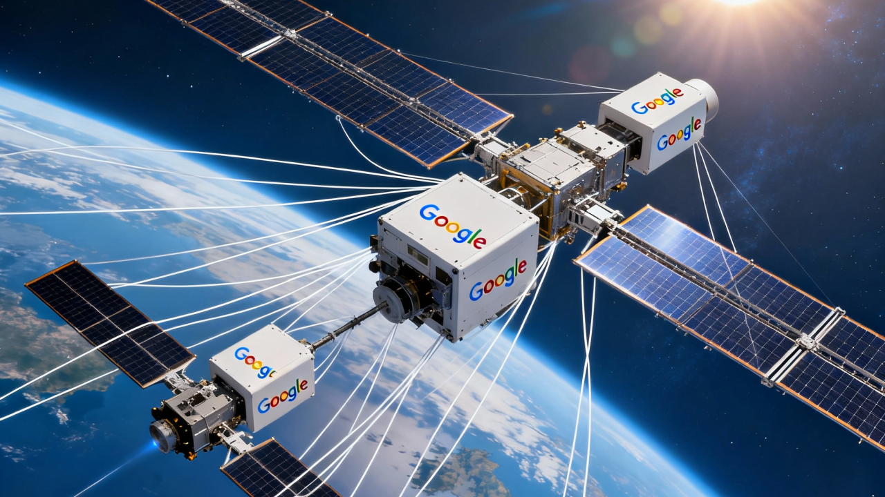Google Project Suncatcher - Space-Based AI Data Center Concept Google Project Suncatcher conceptual design showing solar-powered satellite data center for artificial intelligence computing