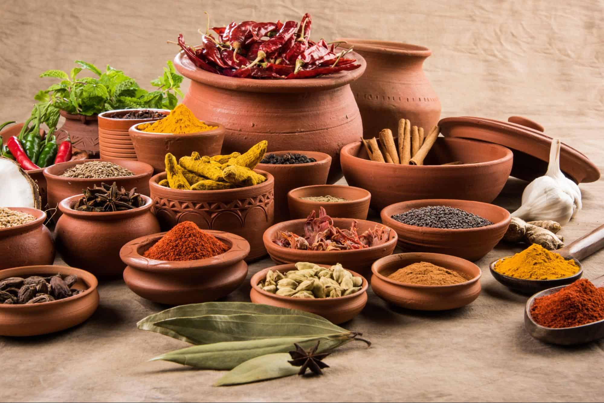 Essential Indian Spices Collection of popular Indian spices in bowls