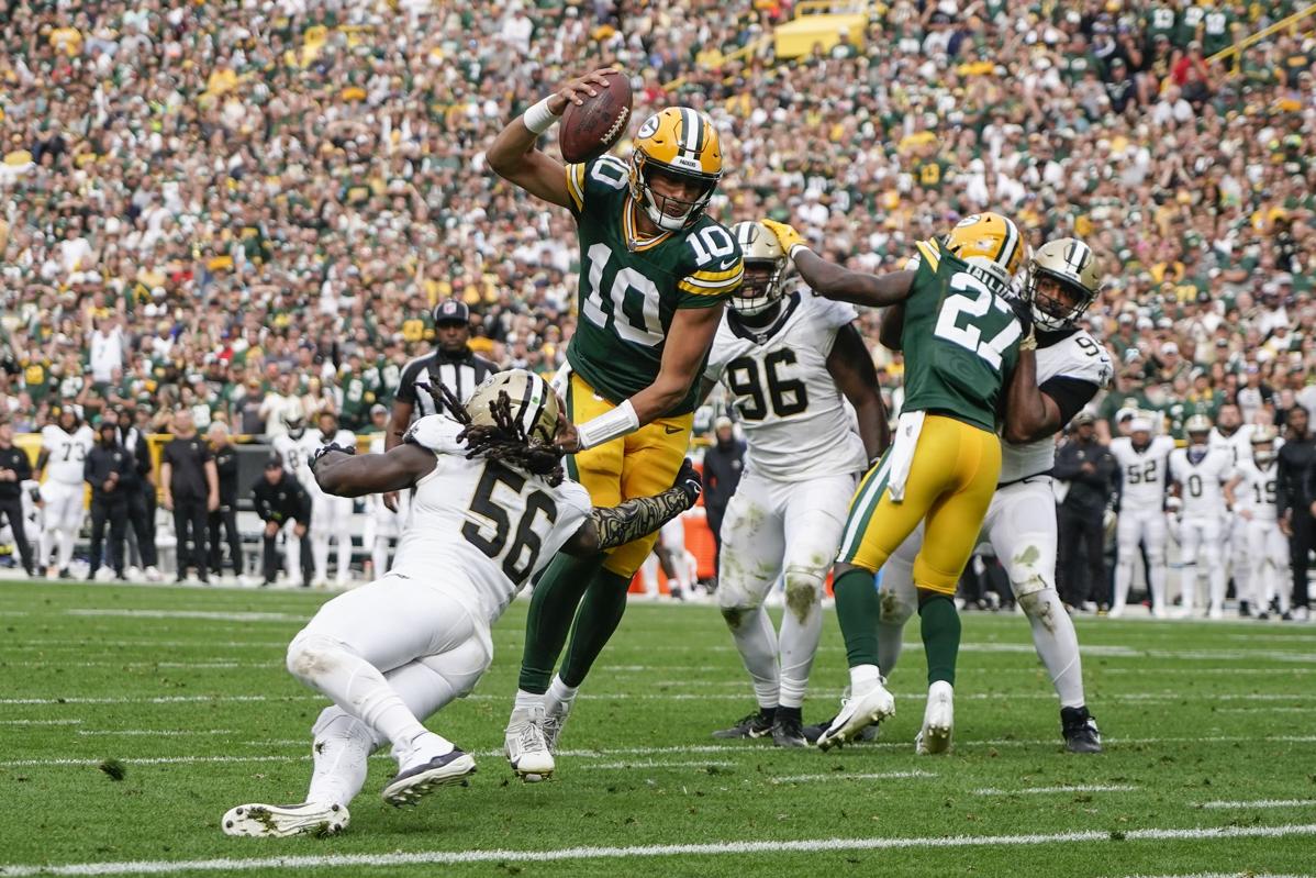 Packers QB Jordan Love Struggles Against Panthers Defense at Lambeau Field Jordan Love Green Bay Packers quarterback under pressure during Week 9 loss to Carolina Panthers at Lambeau Field