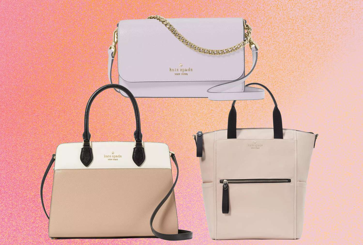 Variety of Kate Spade handbags with discount tags