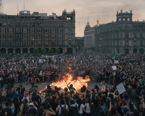 Alt: Public rally in Mexico City symbolizing women's fight against violence