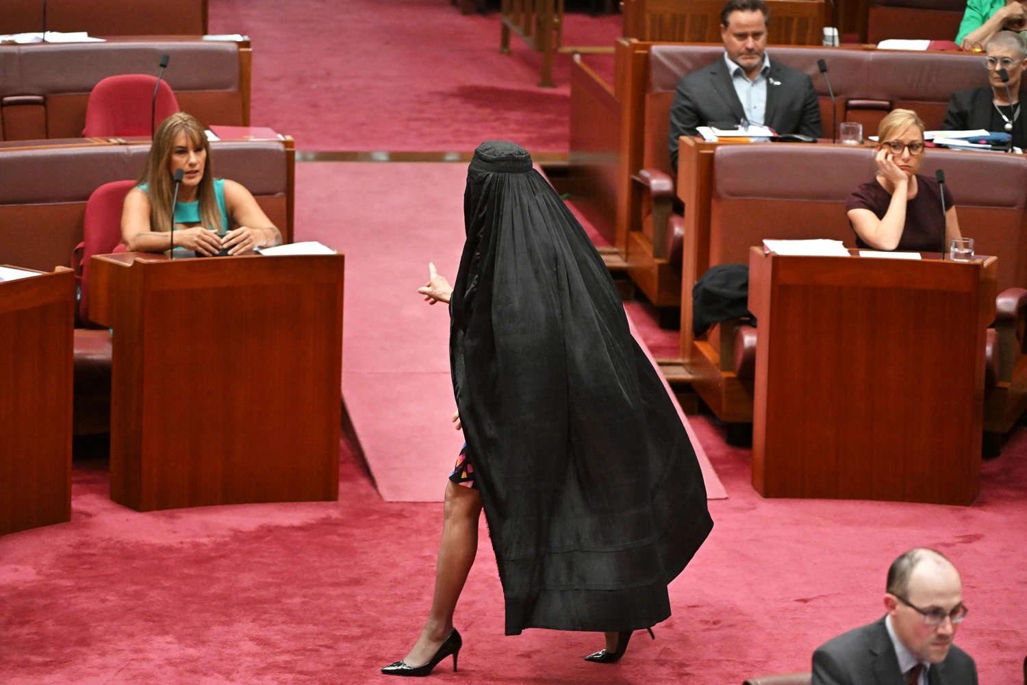Senator Pauline Hanson wearing a burqa inside the Australian Senate in 2025 burqa stunt