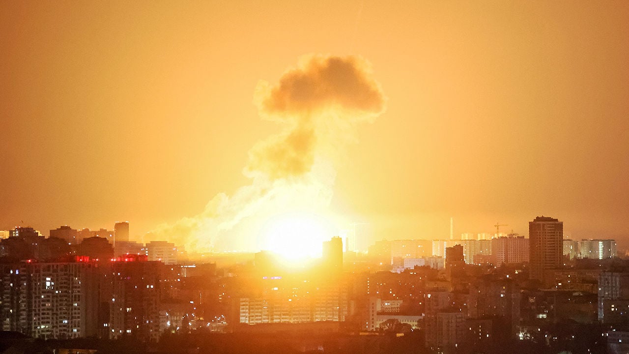 Kyiv Ukraine Russian drone attack night sky explosions day 1374 war