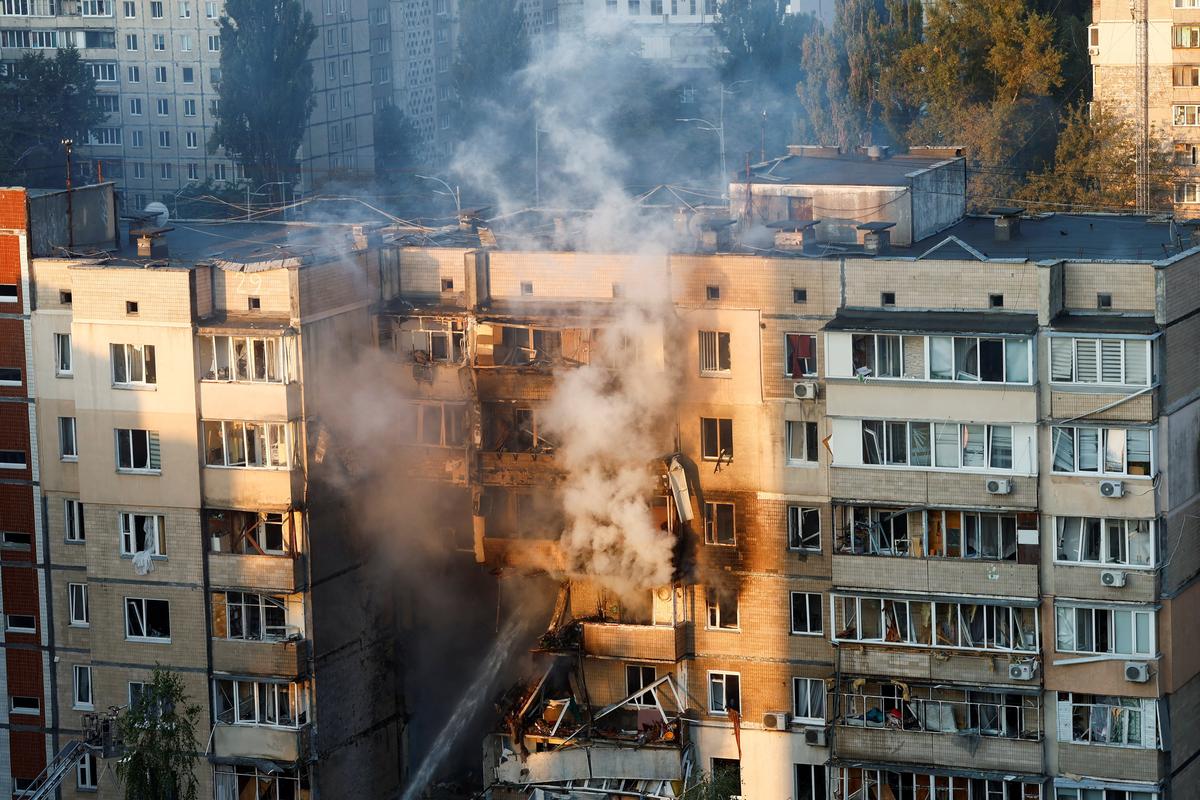 Destroyed residential building in Kyiv after Russian drone attack day 1375