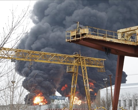 Flames engulf Rosneft Saratov oil refinery after Ukrainian drone strike on November 11, 2025, in Russia's Volga region