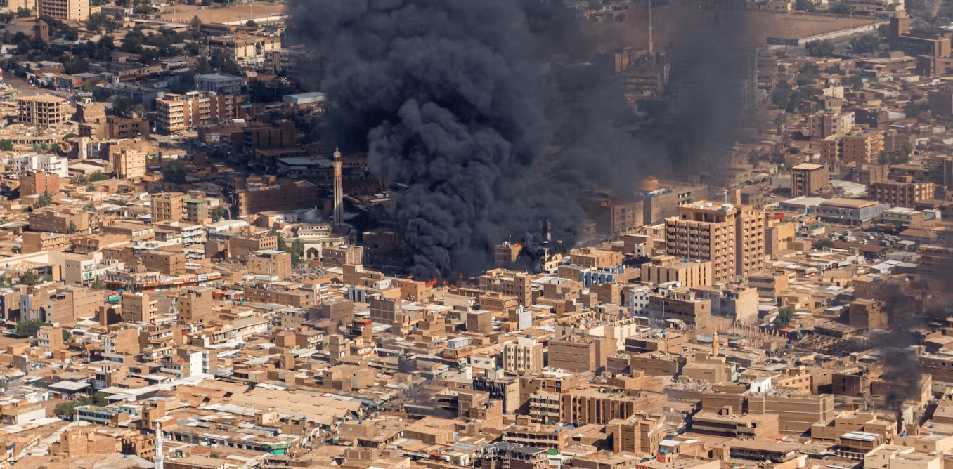 Aerial view of Khartoum showing smoke and destruction amid Sudan civil war day 956