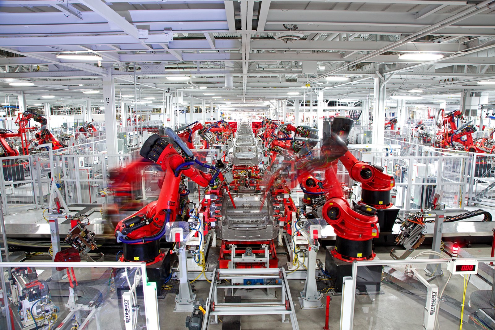 Tesla electric vehicle assembly line inside factory