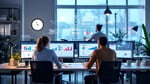 UK office workers with AI technology overlay representing workforce transformation and pay rise concerns