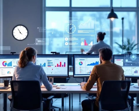 UK office workers with AI technology overlay representing workforce transformation and pay rise concerns