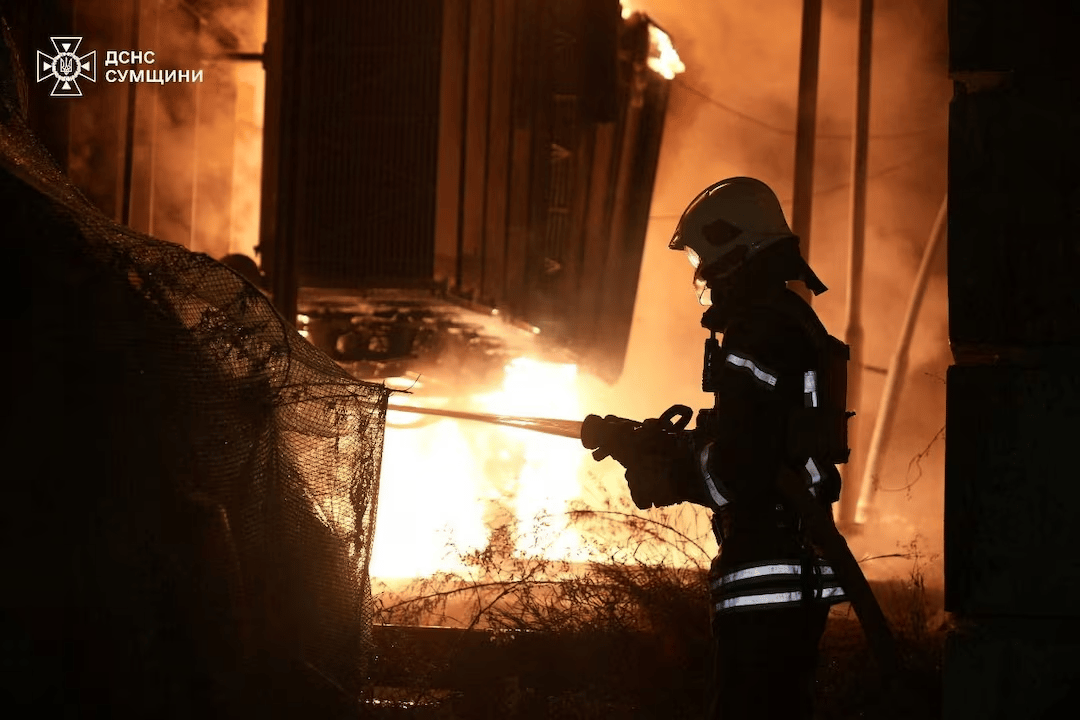 Emergency workers inspect damaged Ukrainian energy infrastructure following Russian drone and missile strikes in November 2025