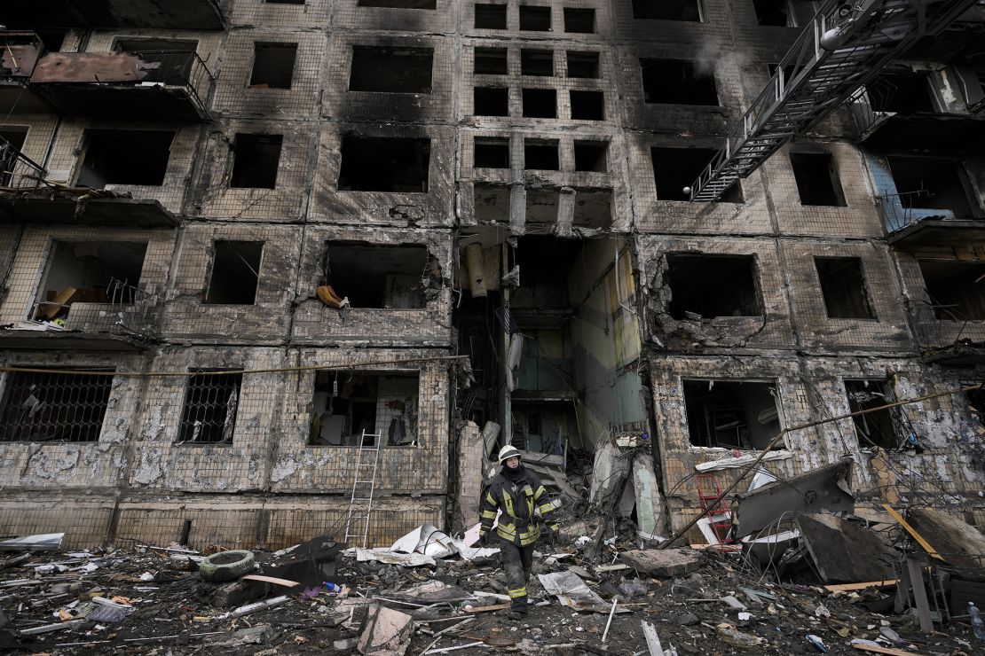 Damaged residential building in Ukraine after Russian drone strike showing humanitarian impact of war