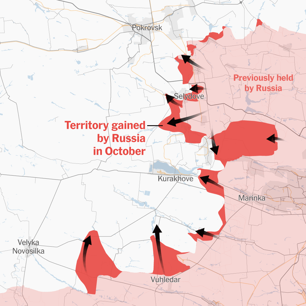 Map image showing frontline Russian advances and Ukrainian defense positions in November 2025. Map of frontline positions in the Russia Ukraine war, November 2025