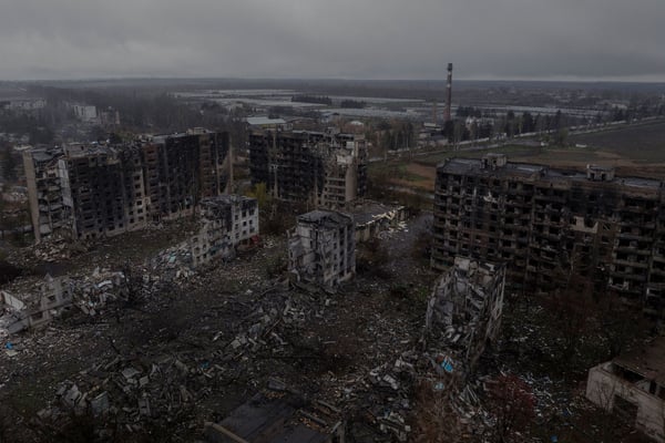 Drone view of frontline destruction in Ukraine war 2025