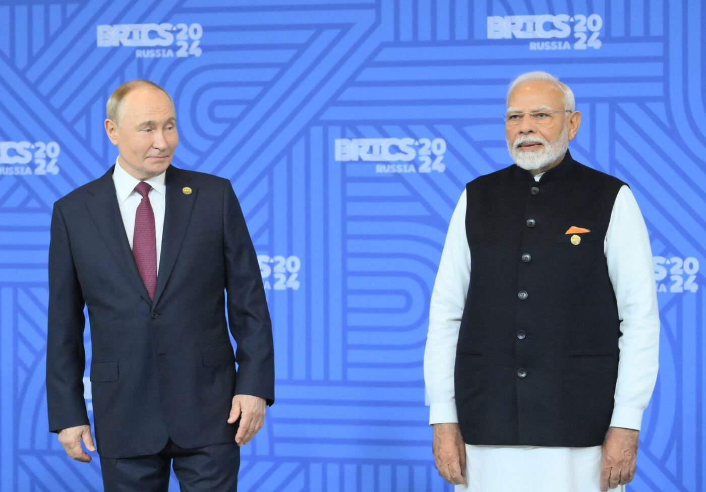 16th BRICS summit. Group photo of heads of delegation President of Russia Vladimir Putin and Prime Minister of India Narendra Modi, right, during a group photo ceremony for the heads of delegation at the 16th BRICS summit in Kazan.