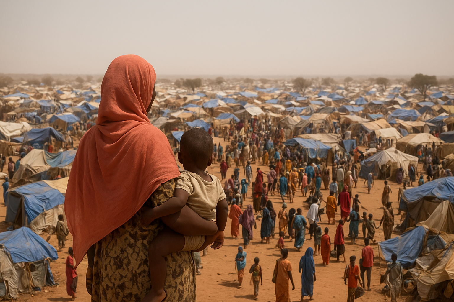 Sudanese refugee camp near El Fasher showing families, children, and tents amid humanitarian crisis