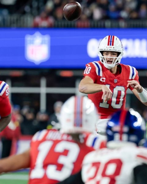 Drake Maye celebrates touchdown as New England Patriots defeat New York Giants 33-15 on Monday Night Football December 2025