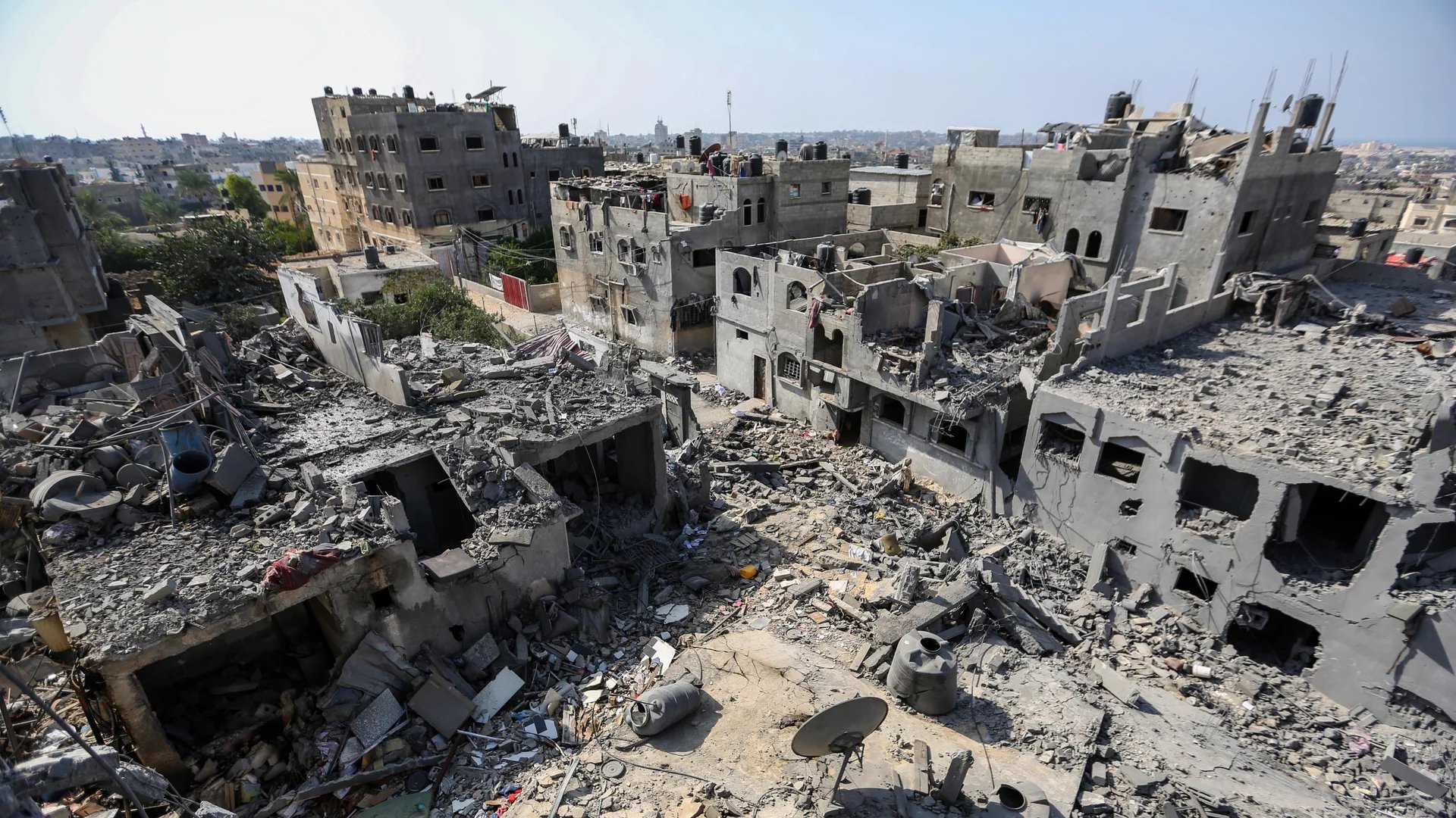 Aerial view of destroyed buildings and rubble across Gaza Strip after 749 days of Israeli bombardment showing humanitarian catastrophe December 2025