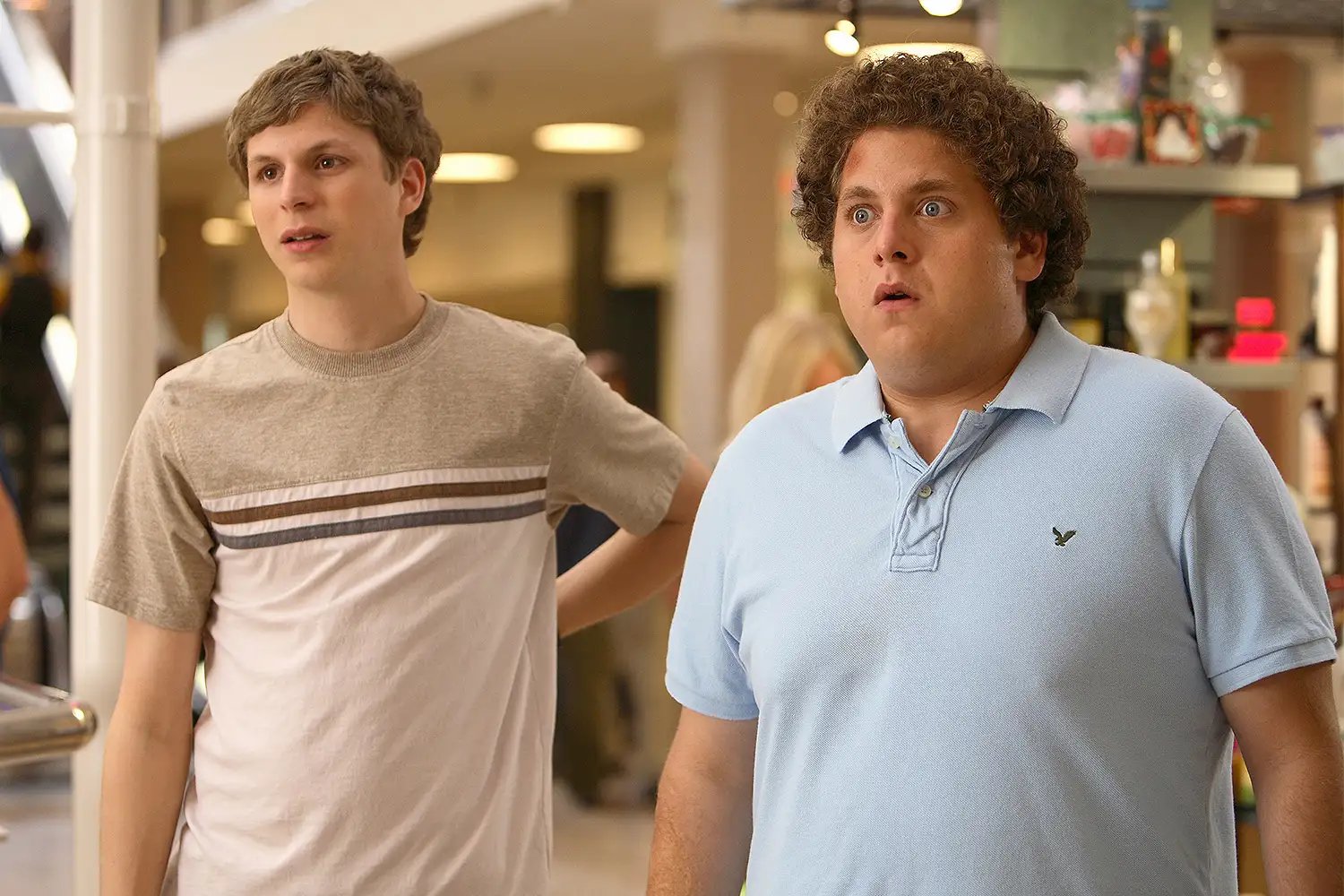 Michael Cera and Jonah Hill in 'Superbad' Michael Cera and Jonah Hill walking together in the 2007 teen comedy Superbad