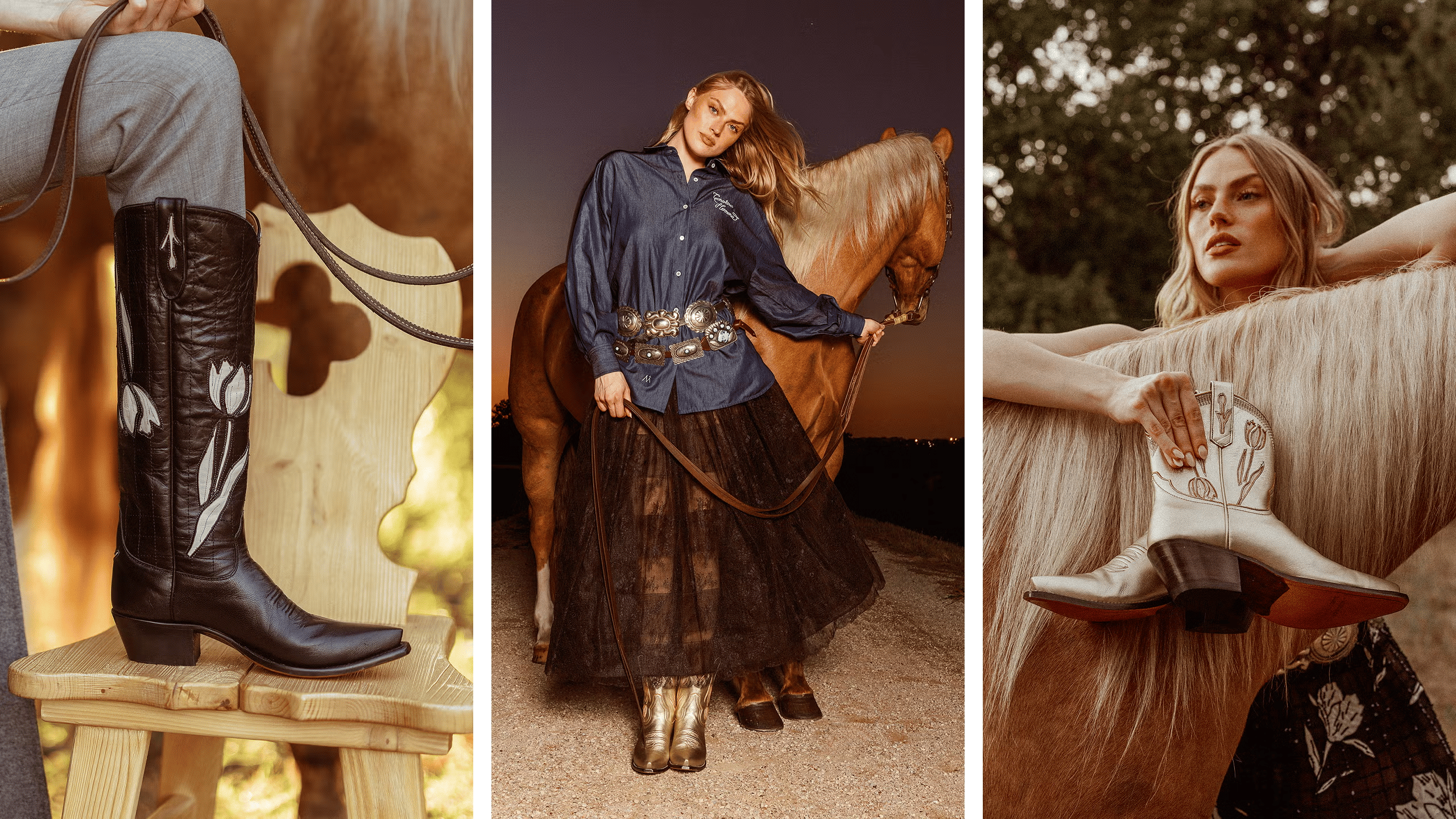 Miron Crosby Western boots on runway, showcasing bold embroidery and metallic details