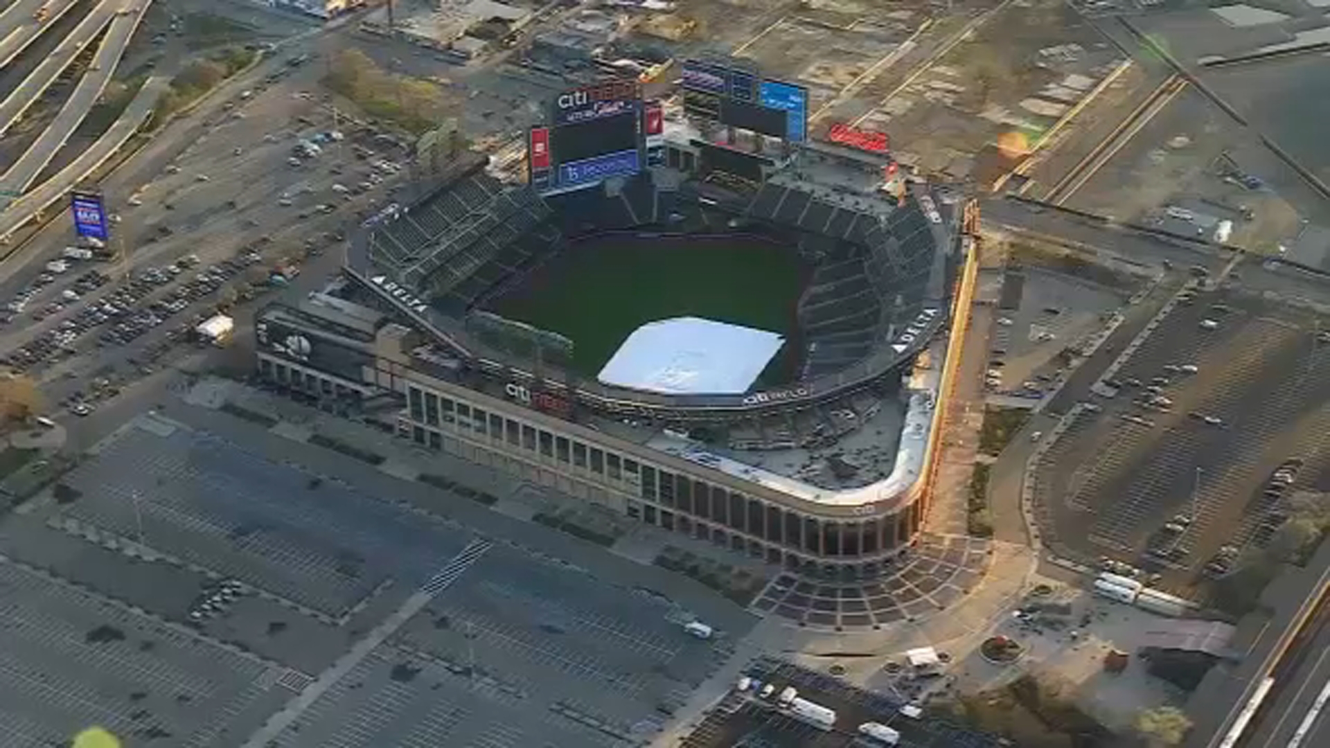 Aerial view of Citi Field and parking lots in Queens where a proposed New York City casino complex would rise