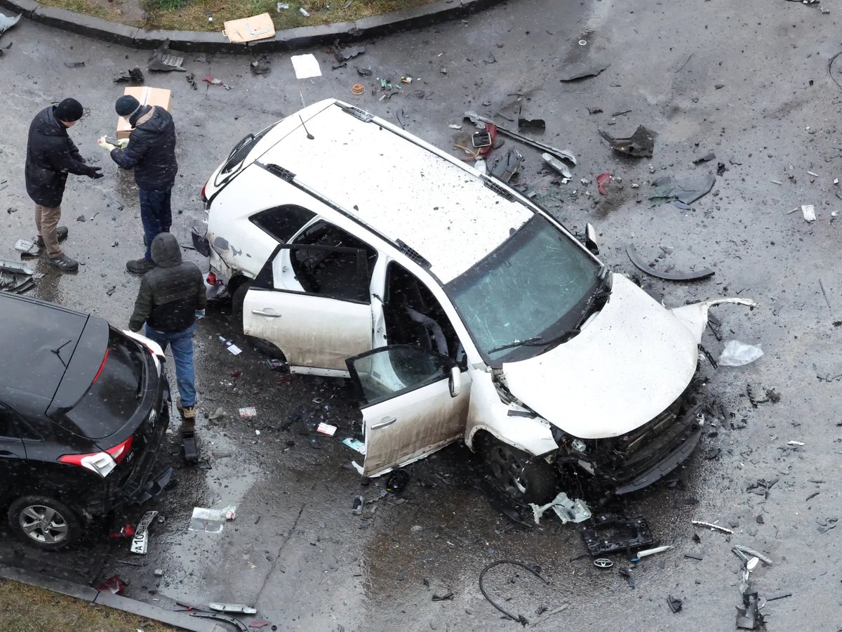 Charred wreckage of Lt. Gen. Fanil Sarvarov's SUV after Ukraine car bomb assassination in Moscow