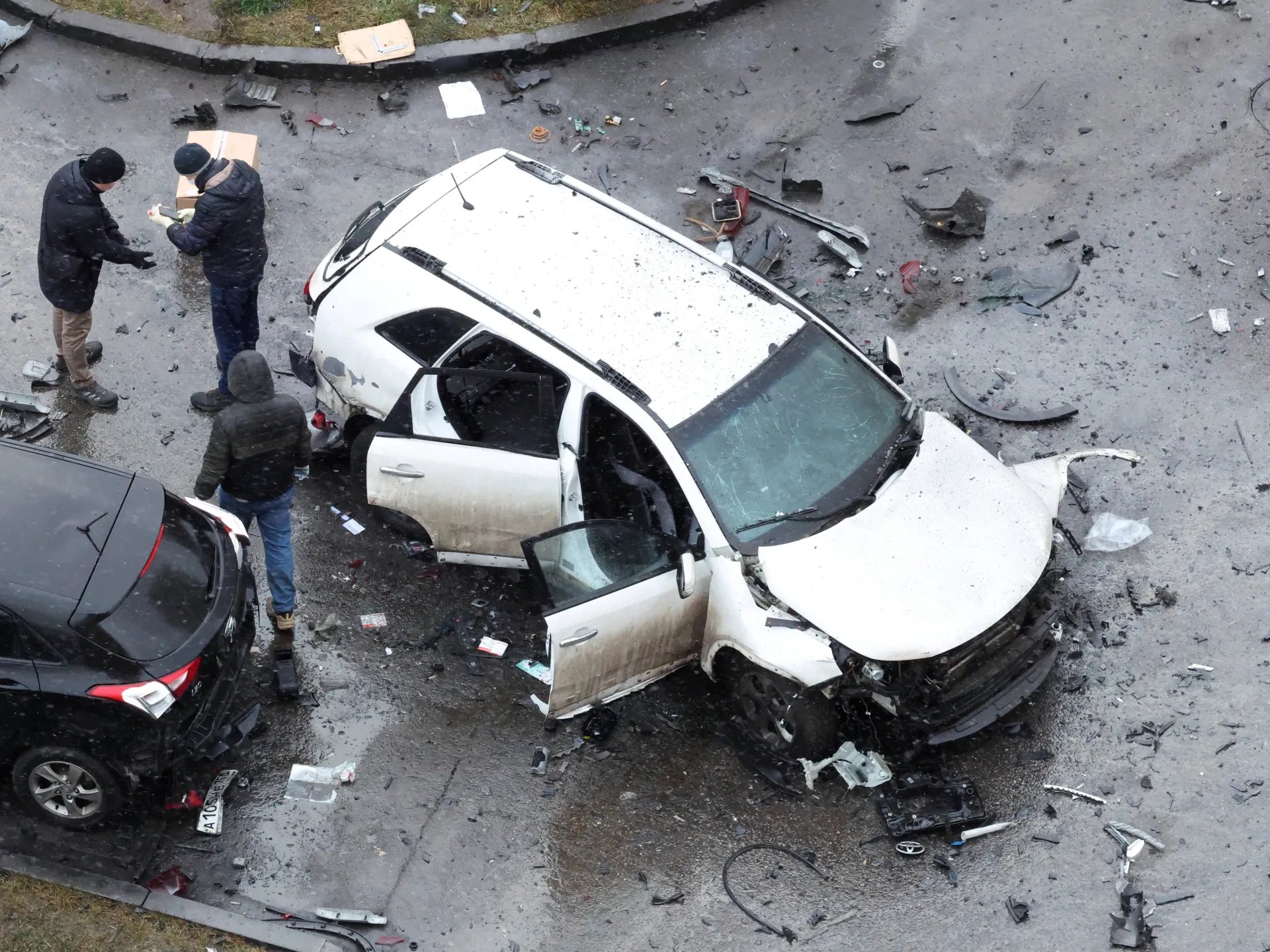 Charred wreckage of Lt. Gen. Fanil Sarvarov's SUV after Ukraine car bomb assassination in Moscow