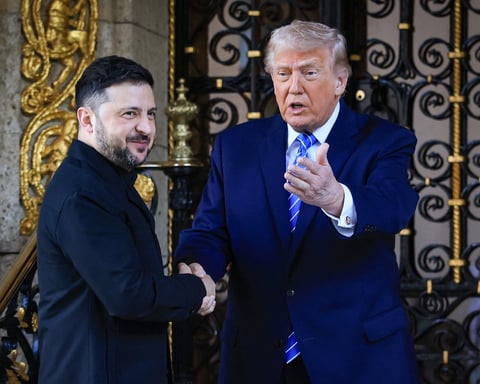Trump and Zelenskyy shake hands at Mar-a-Lago amid Russia Ukraine war peace talks Day 1404