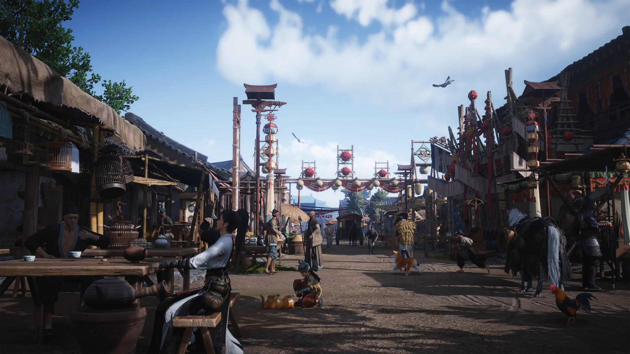 A lively depiction of a traditional Chinese market street in Kaifeng, bustling with NPCs, colorful stalls, and dynamic activity, representing the 'Fairgrounds' and 'Caomen Avenue' settings crucial to the 'Eastern Herald' quest in Where Winds Meet.