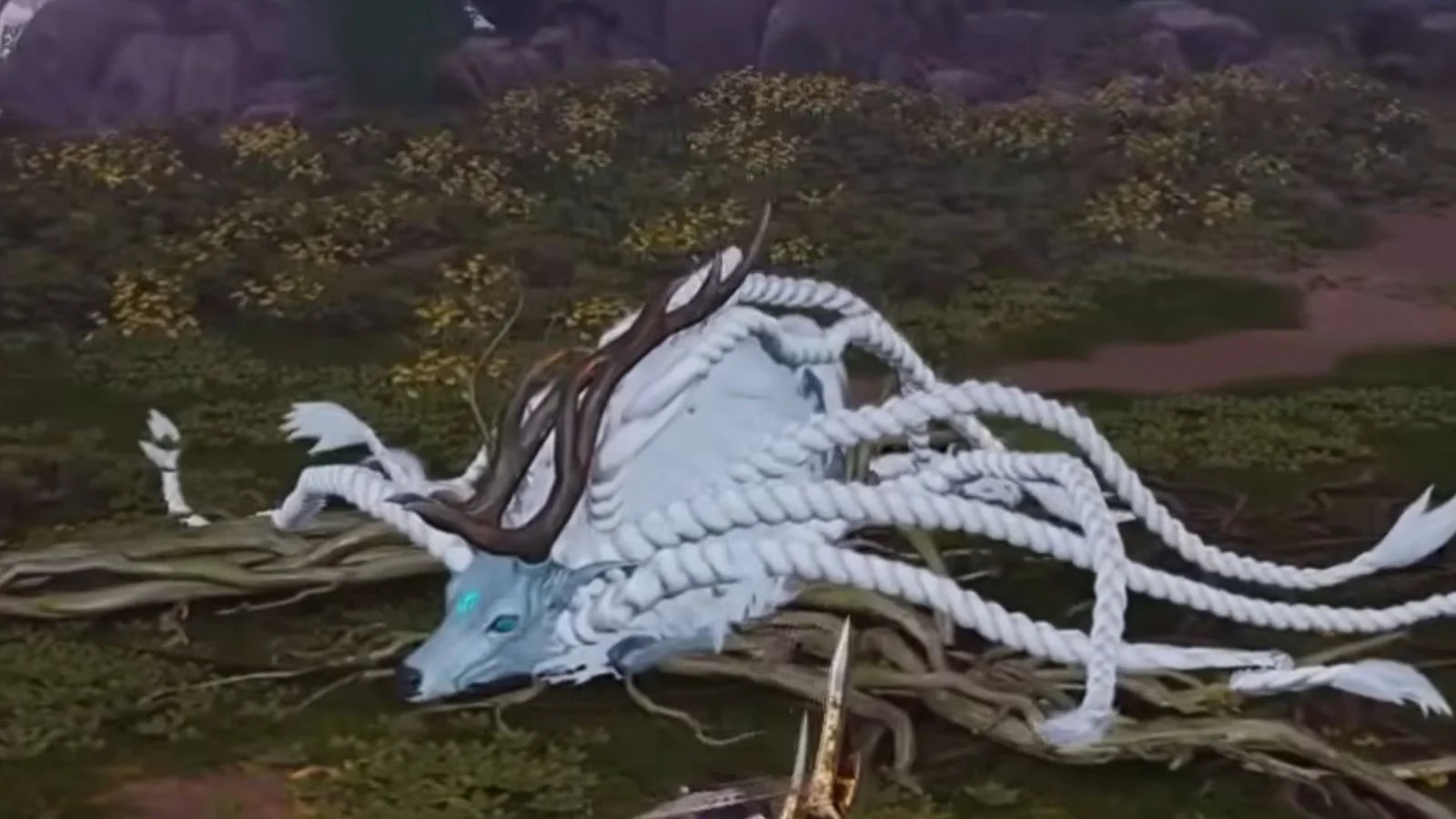 An artistic concept or illustration of the mysterious white-furred creature, described as a 'hopping man,' from Chinese folklore, the enigmatic entity central to the initial investigation of the 'Eastern Herald' quest in Where Winds Meet