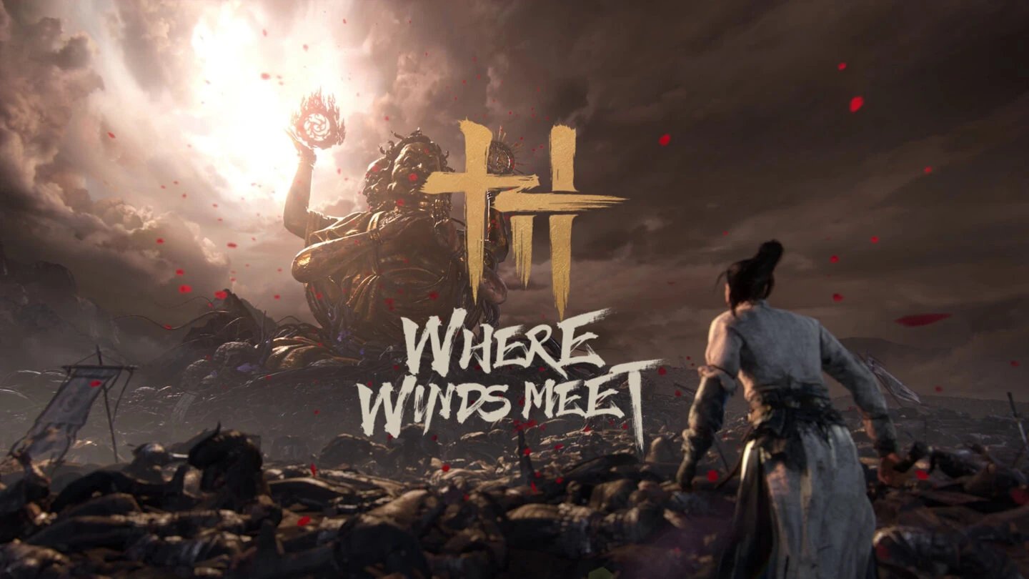 A dynamic in-game screenshot of a player character engaged in fluid wuxia martial arts combat, wielding a traditional Chinese weapon amidst an ancient setting, illustrating the core gameplay experience of Where Winds Meet