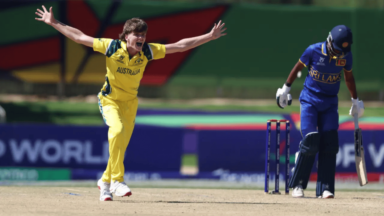 Australia Under-19 team celebrates after bowling Sri Lanka out for 58 at the ICC Under-19 World Cup