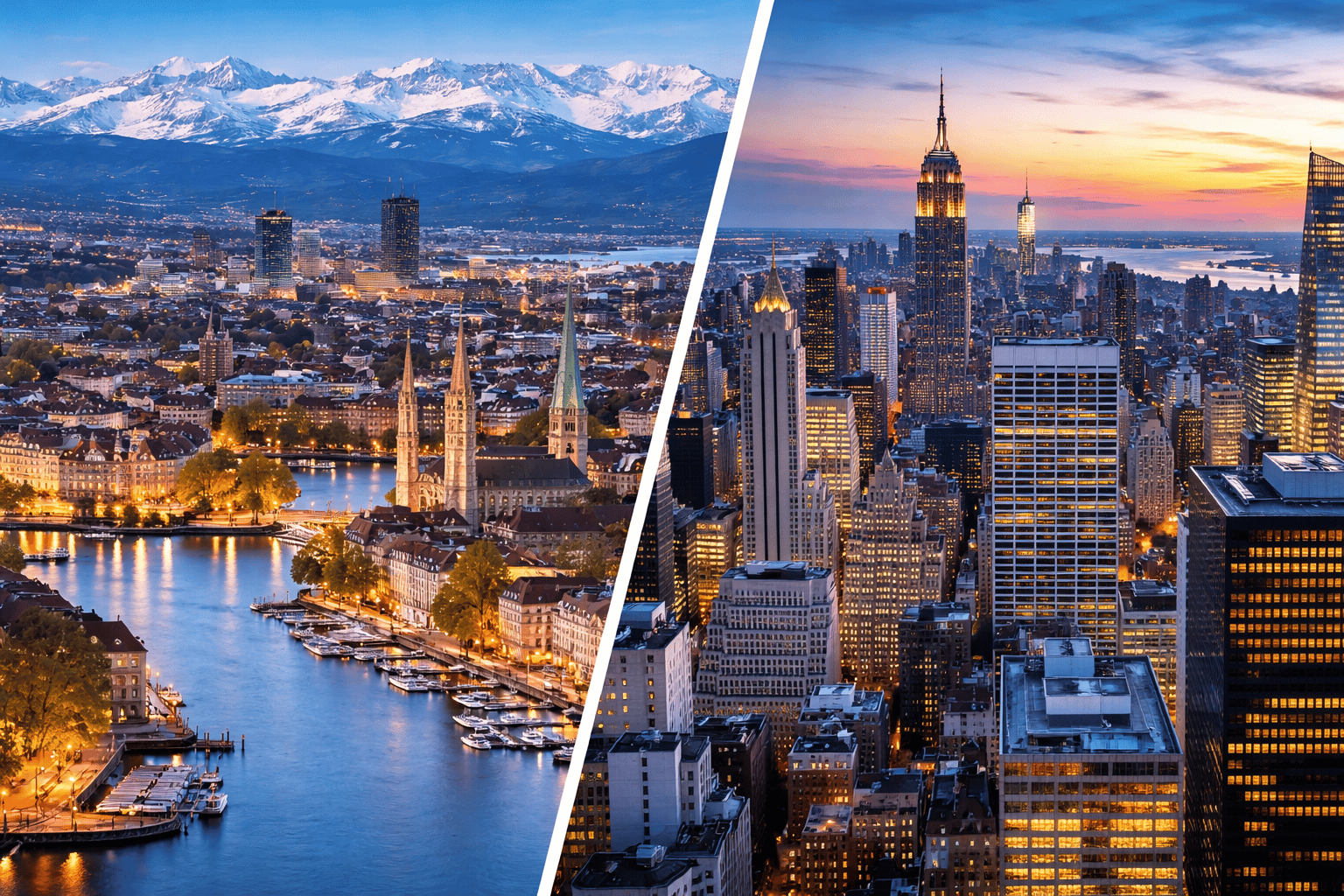 Zurich and New York City skylines illustrating global cost of living differences in 2026