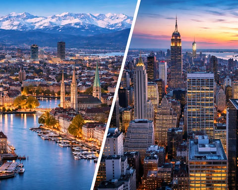 Zurich and New York City skylines illustrating global cost of living differences in 2026