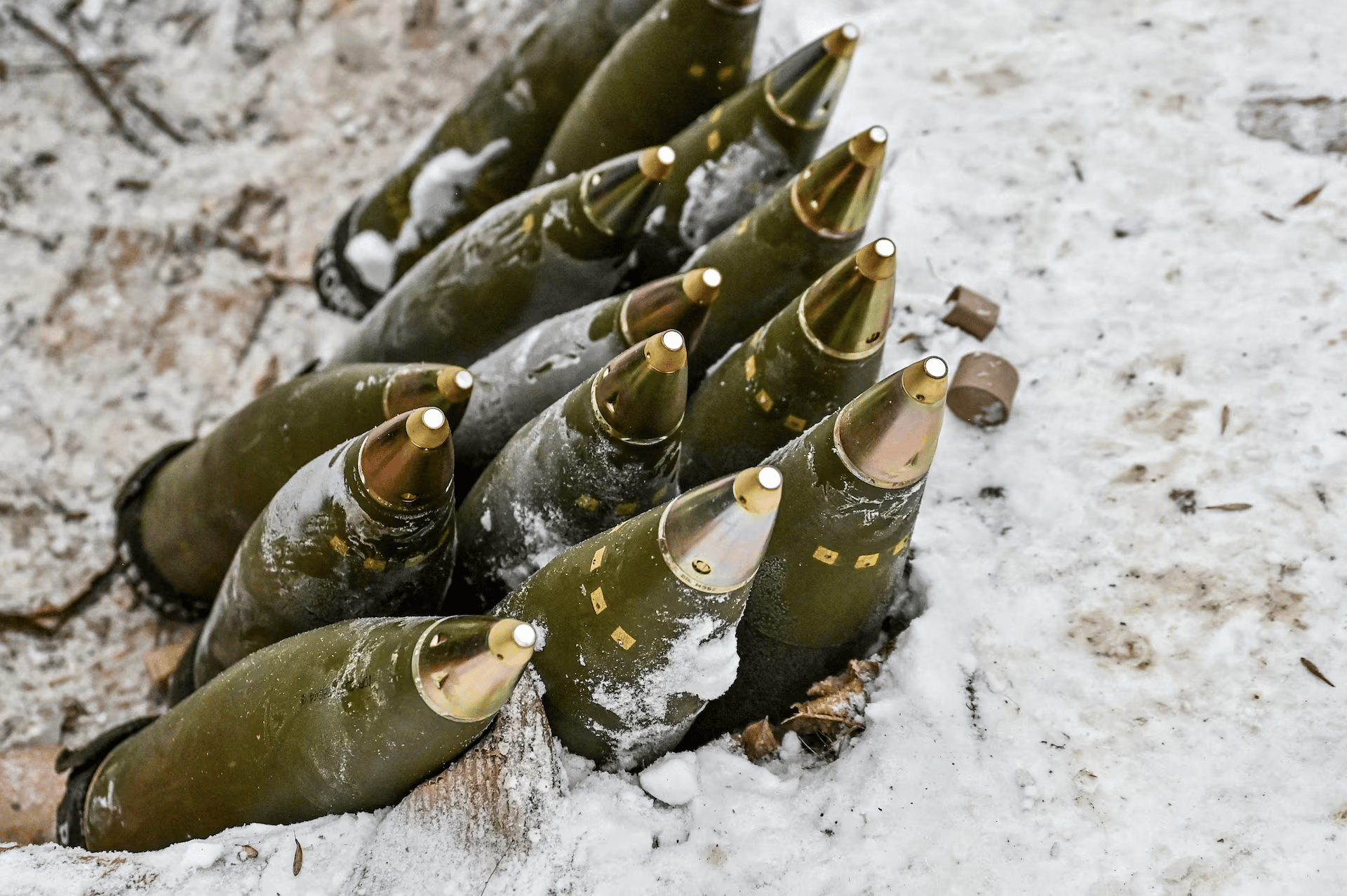 Russian military defensive positions along eastern Ukraine frontline with drones and artillery in winter