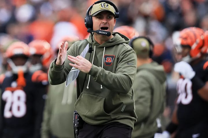 Zac Taylor expressing frustration on sideline as Cincinnati Bengals head coach during controversial game stoppage against Cleveland Browns