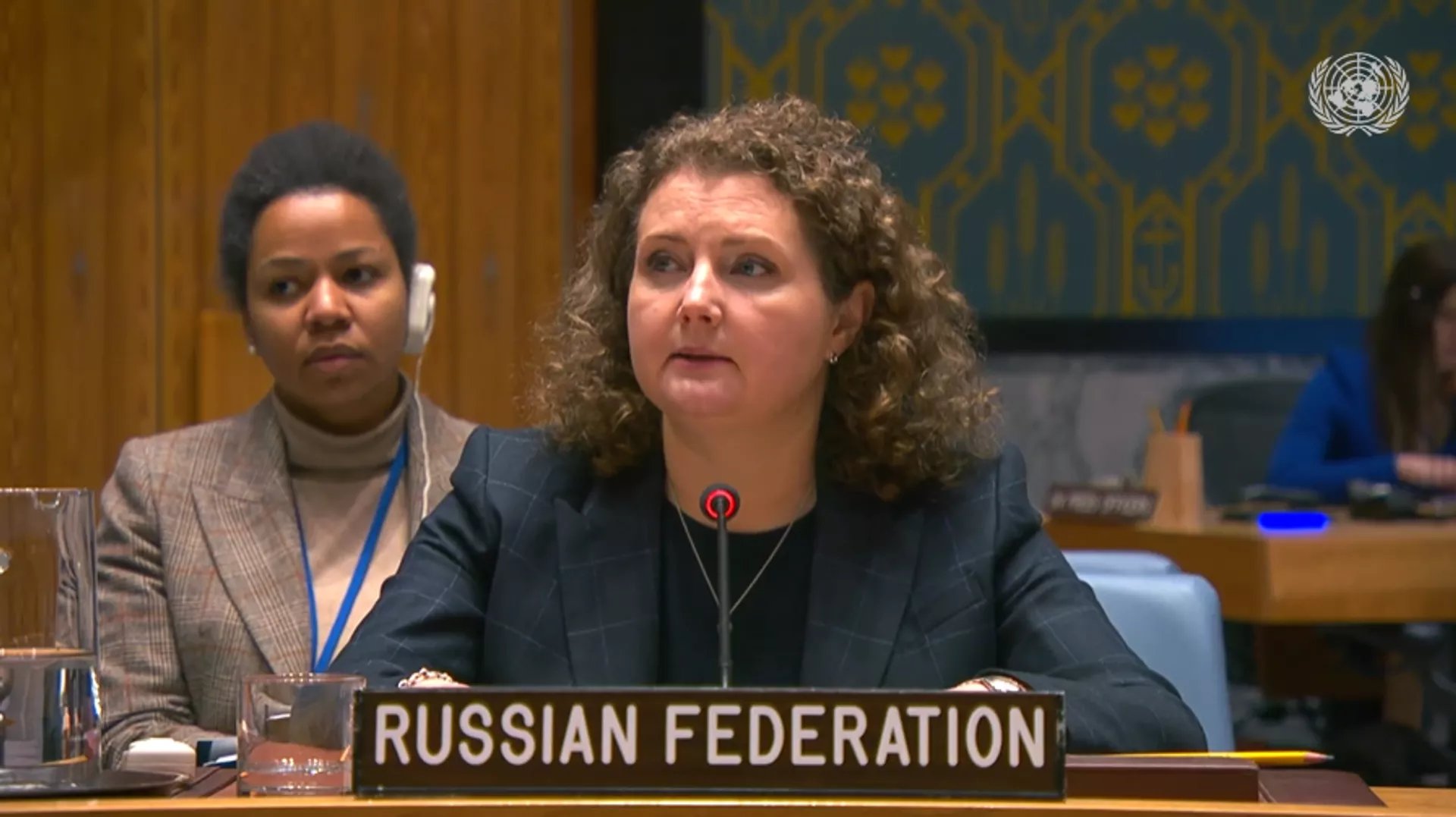 Russian Deputy Envoy Anna Evstigneeva speaks at UN Security Council meeting on Sudan ceasefire