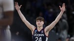 UConn freshman Braylon Mullins celebrates after his 35-foot buzzer-beater against Duke in the 2026 NCAA Tournament Elite Eight