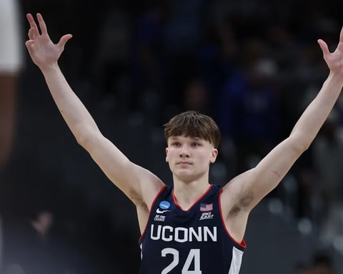 UConn freshman Braylon Mullins celebrates after his 35-foot buzzer-beater against Duke in the 2026 NCAA Tournament Elite Eight