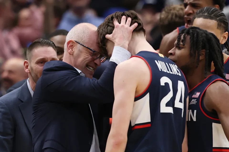 Dan Hurley UConn Final Four 2026 UConn head coach Dan Hurley celebrates with Braylon Mullins after the Huskies' stunning 73-72 win over Duke in the 2026 NCAA Elite Eight