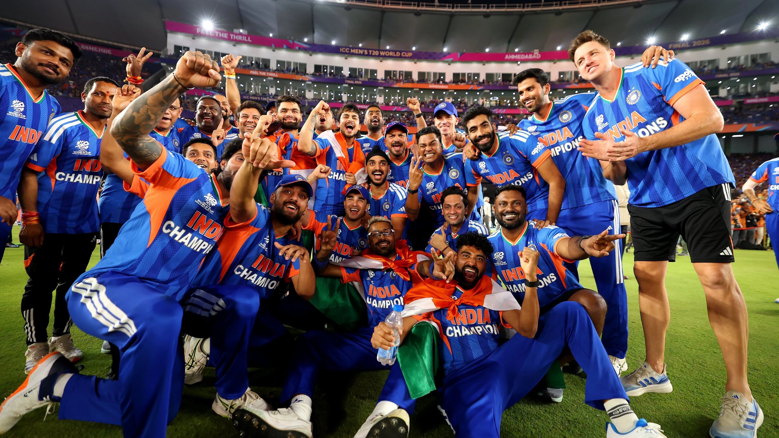 India players celebrate winning the T20 World Cup 2026 final against New Zealand in Ahmedabad