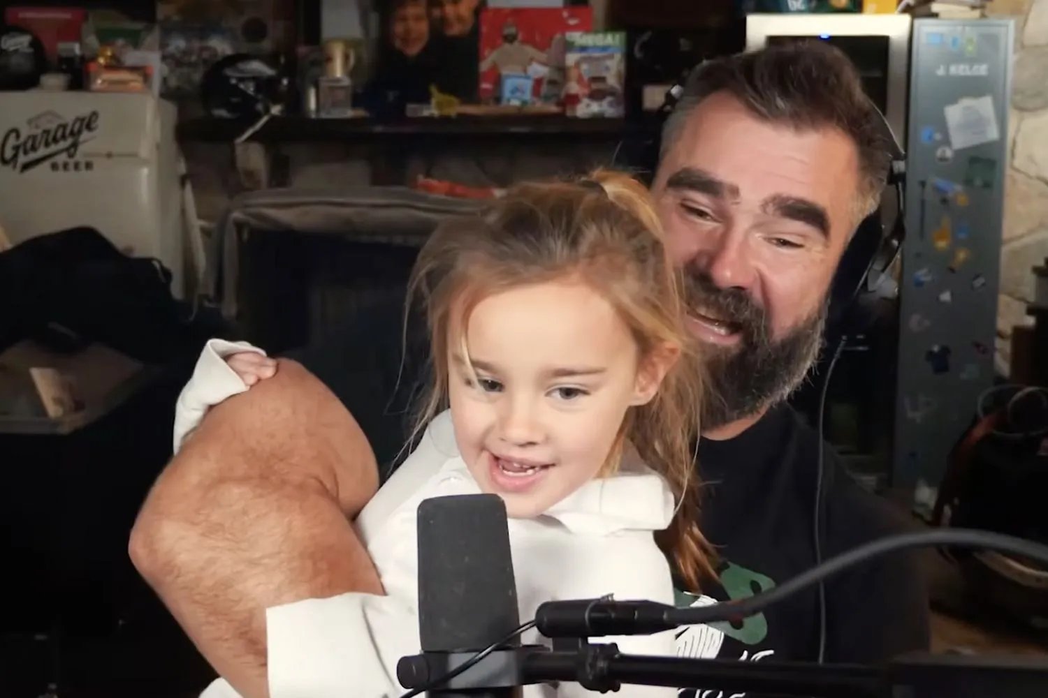 Jason Kelce recording New Heights podcast episode that featured viral appearance by his daughter
