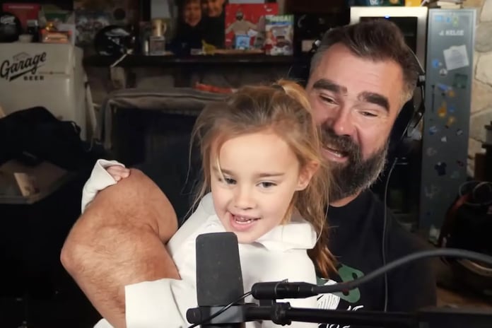 Jason Kelce recording New Heights podcast episode that featured viral appearance by his daughter