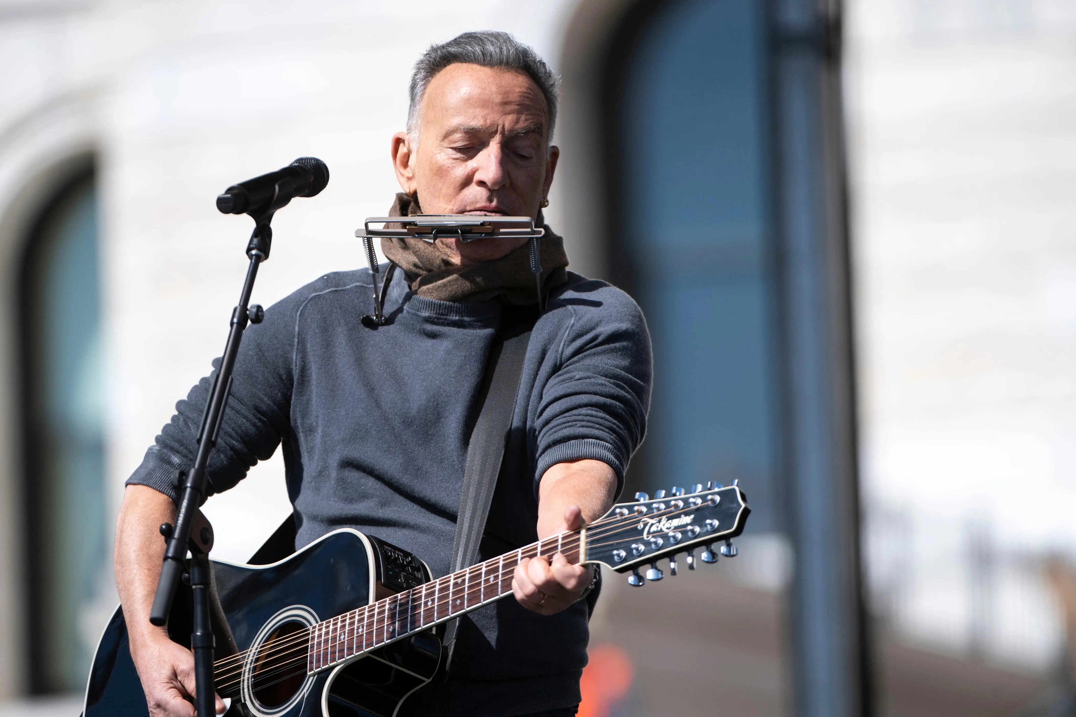Bruce Springsteen performs at the No Kings protest rally at Minnesota State Capitol in St. Paul on March 28, 2026