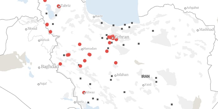 Map showing US and Israeli military strikes on Iran targets