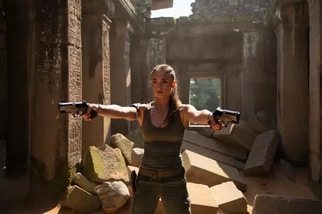 Sophie Turner as Lara Croft on Tomb Raider set before injury halted filming