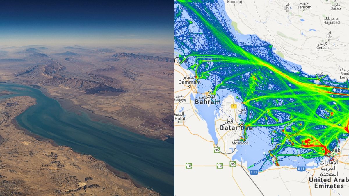 Oil tankers pass through the Strait of Hormuz, a key global energy shipping route