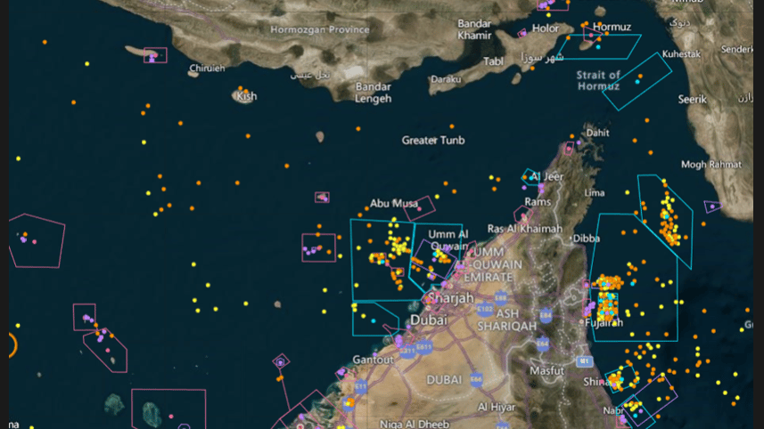 Oil tankers anchored near the Strait of Hormuz during the 2026 Gulf conflict disrupting global oil exports