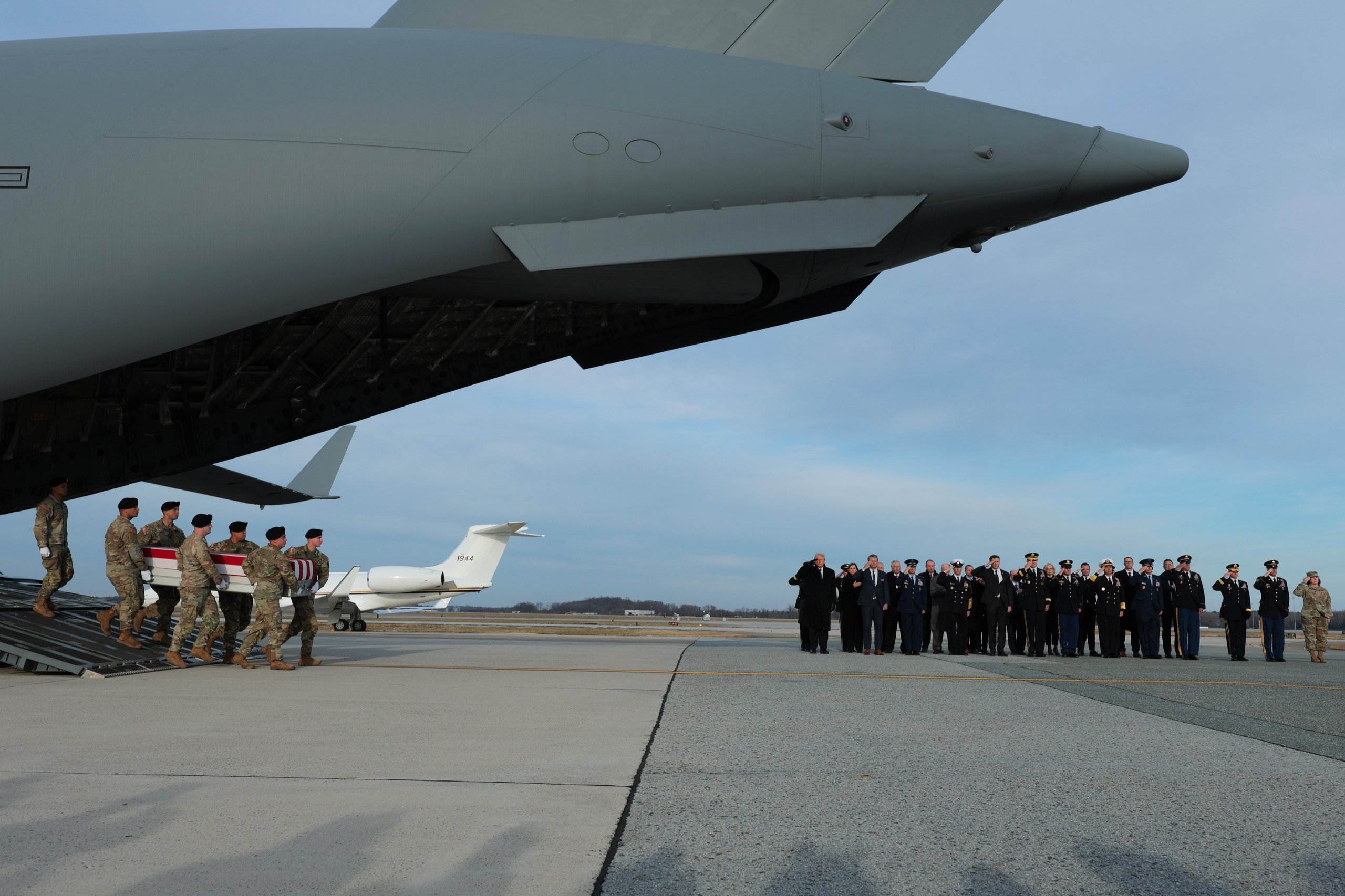 Flag draped coffin of a US soldier arriving in the United States with limited media coverage amid the war after Israel attacks Iran